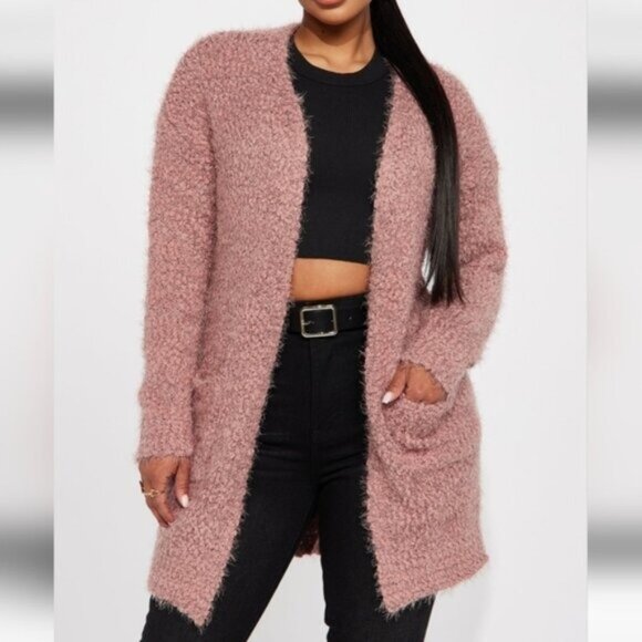 Fashion Nova Fluffy Comfy Mauve Open Front Cardigan Long Pockets Size Medium - Picture 2 of 9